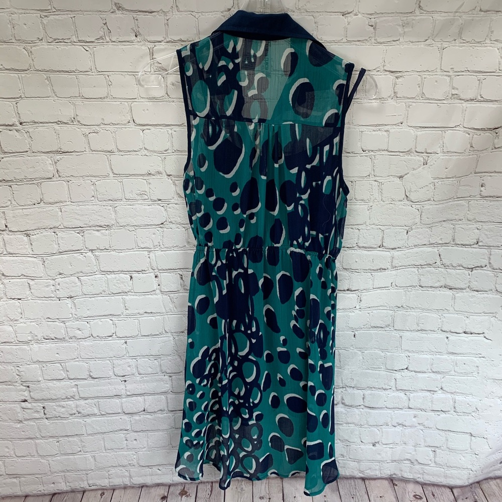 Mimi Chica Teal Navy Abstract Print Sleeveless Collared Button Front Dress Sz S - Picture 5 of 5